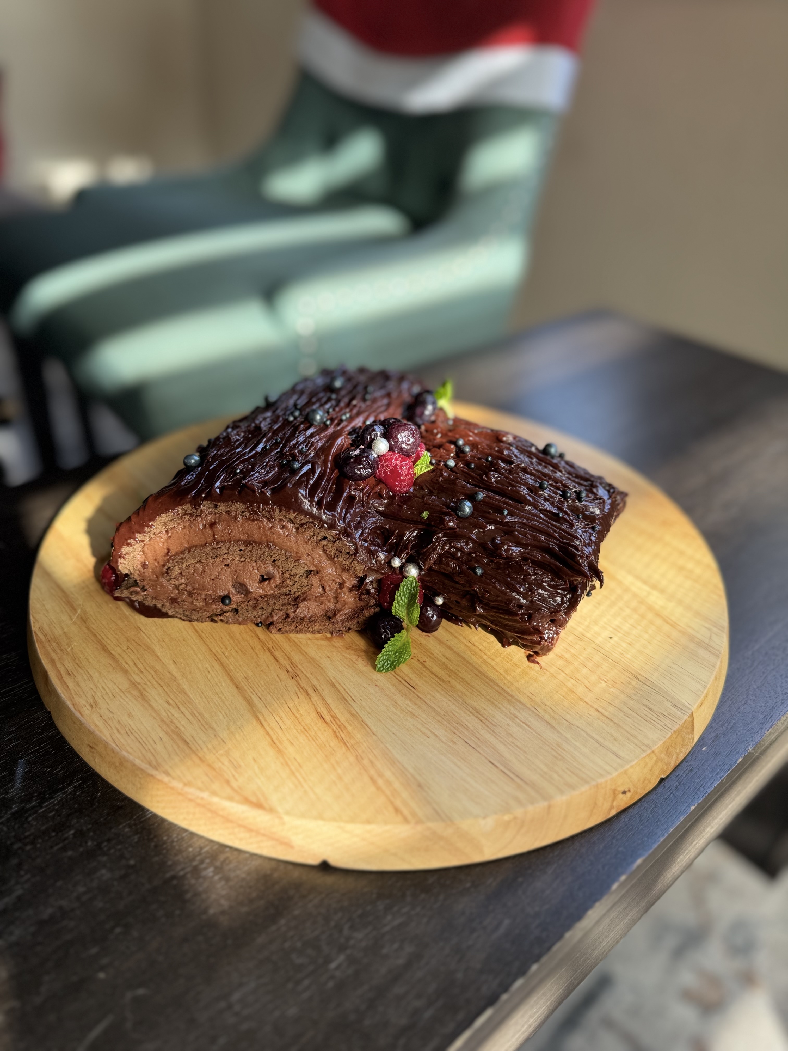 Beautifully crafted holiday log cake